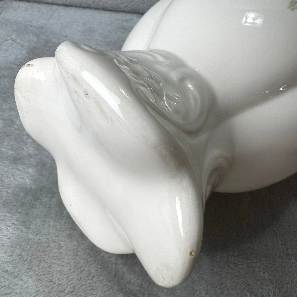Vintage White Ceramic Rose Floral Pitcher Vase Ornate Handle Scalloped Cottage